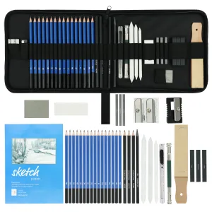 ABOUT SPACE Sketching Kit - 38 Pcs Professional Sketch & Drawing Tool Kit with Zipper Case-Includes Graphite & Charcoal Pencils, Graphite & Charcoal Sticks,Eraser,Sketch Book & Other Tools