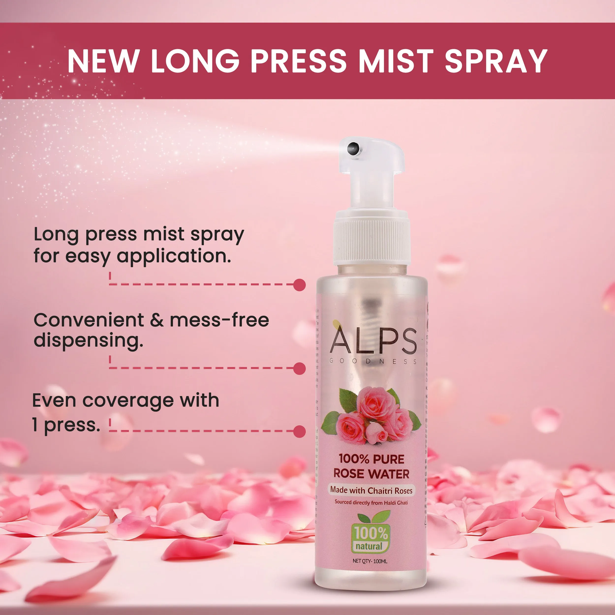 Alps Goodness 100 % Pure Rose Water Spray (100ml) | Long Press Mist Spray | Rose water for face | Made from Chaitri Rose | Gulab Jal | Natural skin toner | Premium Rose Water