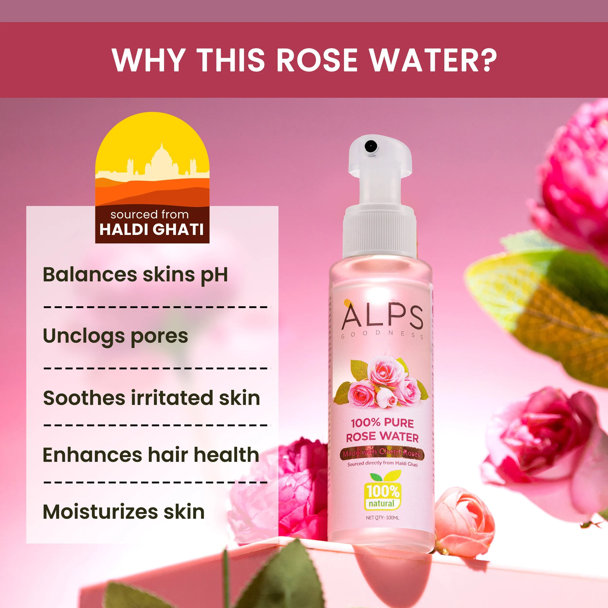 Alps Goodness 100 % Pure Rose Water Spray (100ml) | Long Press Mist Spray | Rose water for face | Made from Chaitri Rose | Gulab Jal | Natural skin toner | Premium Rose Water