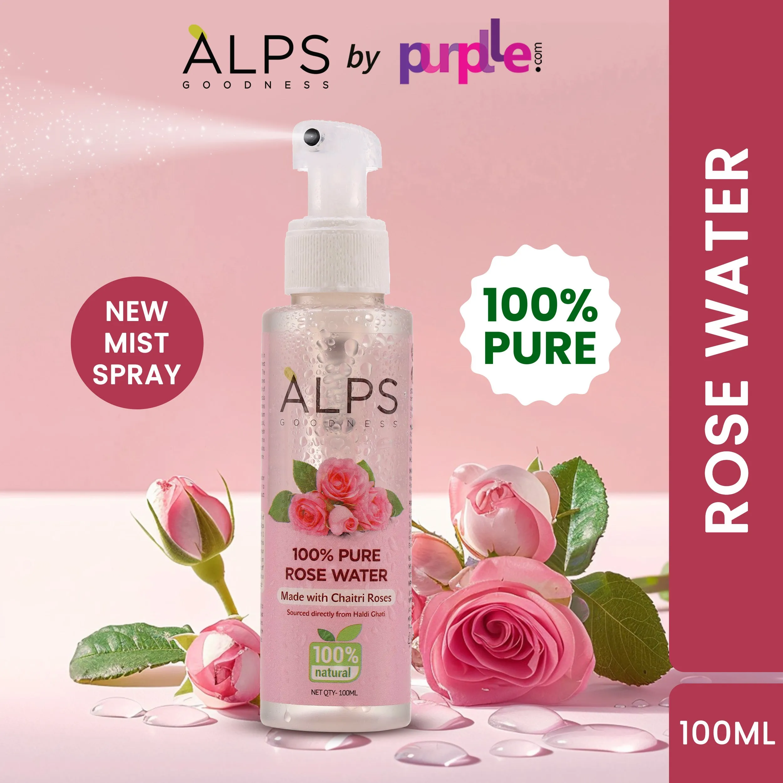 Alps Goodness 100 % Pure Rose Water Spray (100ml) | Long Press Mist Spray | Rose water for face | Made from Chaitri Rose | Gulab Jal | Natural skin toner | Premium Rose Water