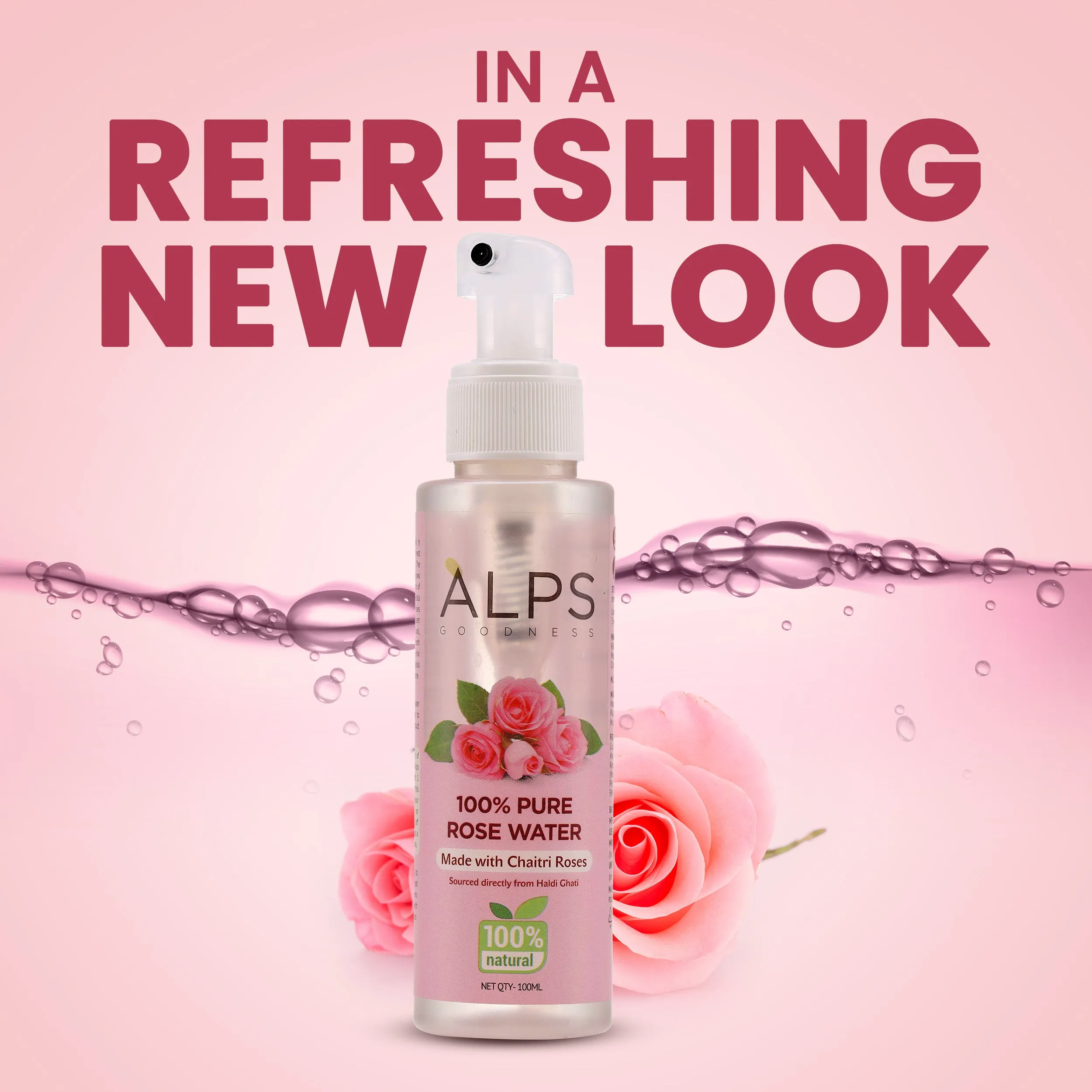 Alps Goodness 100 % Pure Rose Water Spray (100ml) | Long Press Mist Spray | Rose water for face | Made from Chaitri Rose | Gulab Jal | Natural skin toner | Premium Rose Water