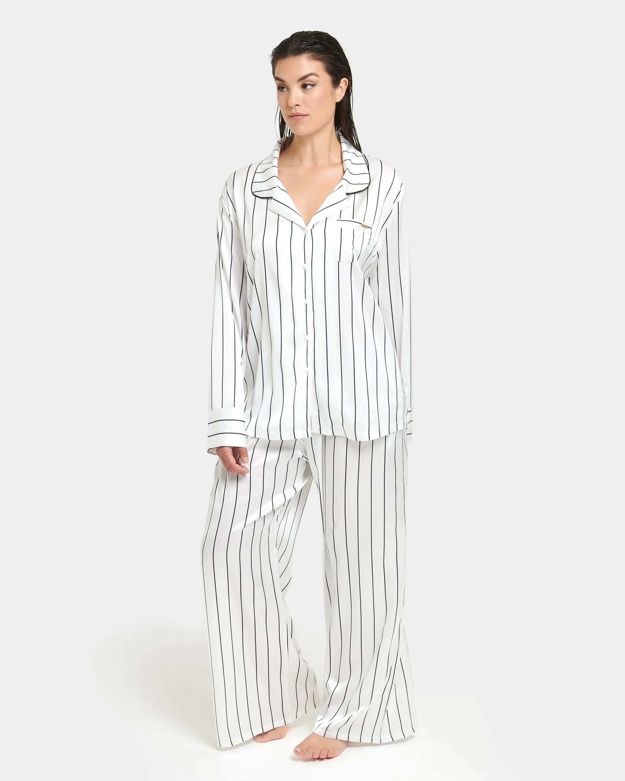 Beau Luxury Satin Long Pyjama Set White/Black