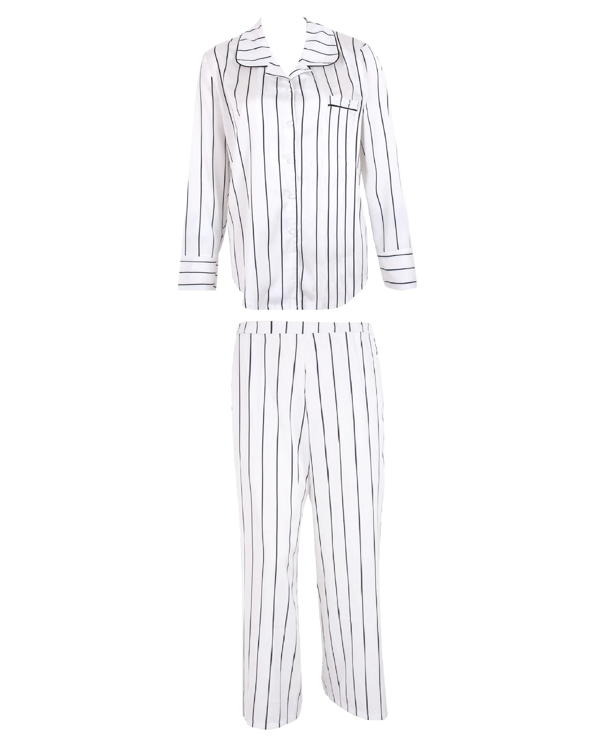 Beau Luxury Satin Long Pyjama Set White/Black