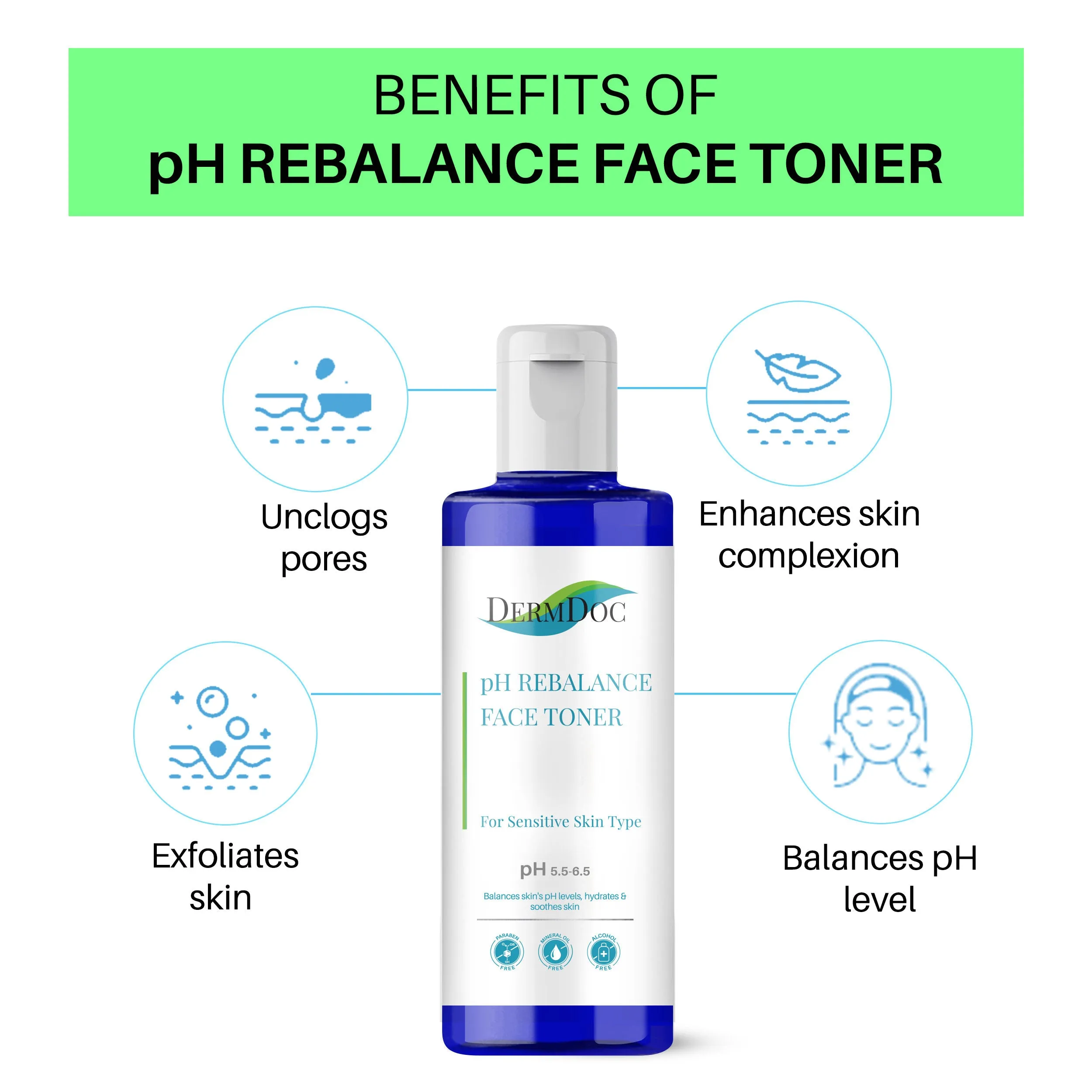 DermDoc pH Rebalance Face Toner (100 ml)|For Sensitive Skin|pH 5.5-6.5|Balances skins pH level, hydrates & soothes skin|Paraben Free, Alcohol free, Mineral Oil Free, Color Free, Sulfate Free, Cruelty Free