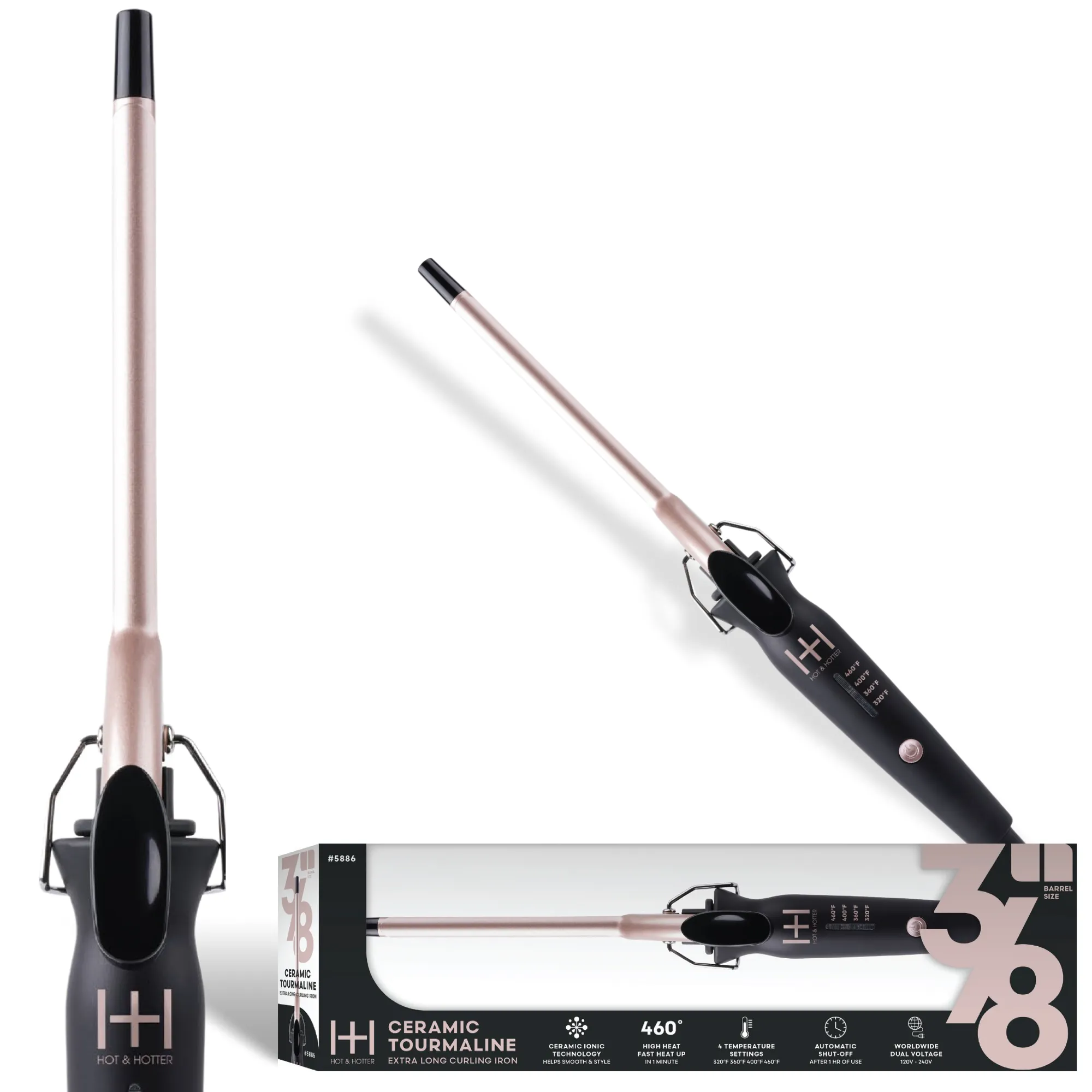 Hot & Hotter Extra Long Ceramic Tourmaline Curling Iron 3/8 Inch Black